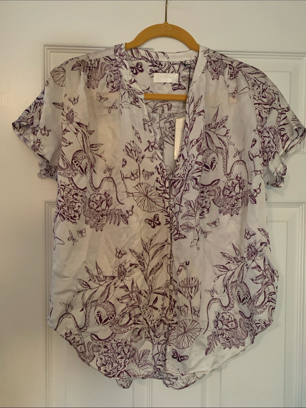 NWT V-Neck Short Sleeve Blouse in White with Purple Botanical Print